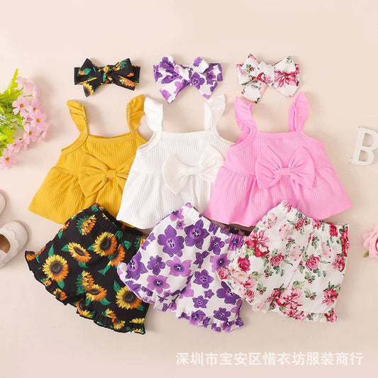 A25072306女童春夏款 新款韓版兒童無袖純色吊帶上衣+花朵印花短褲頭帶