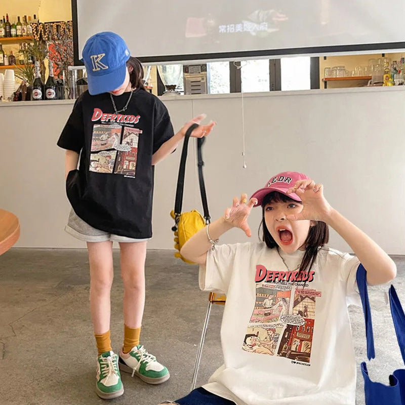 Z25030426女童短袖純棉洋氣兒童t恤女童夏季寬鬆前後印花短袖上衣童裝潮