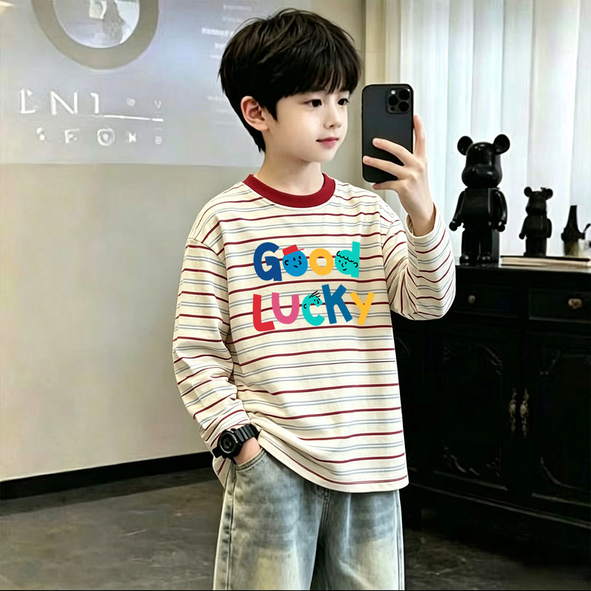 CE26090501男童條紋T恤新款純棉童裝中大中大童春秋季長袖打底男孩兒童上衣