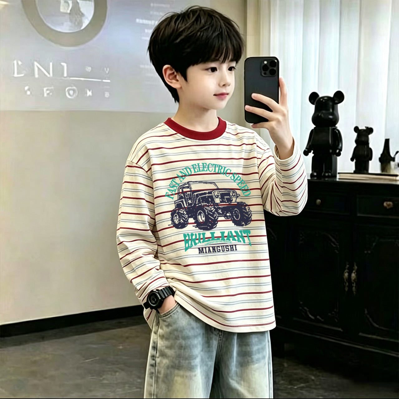 CE26090501男童條紋T恤新款純棉童裝中大中大童春秋季長袖打底男孩兒童上衣