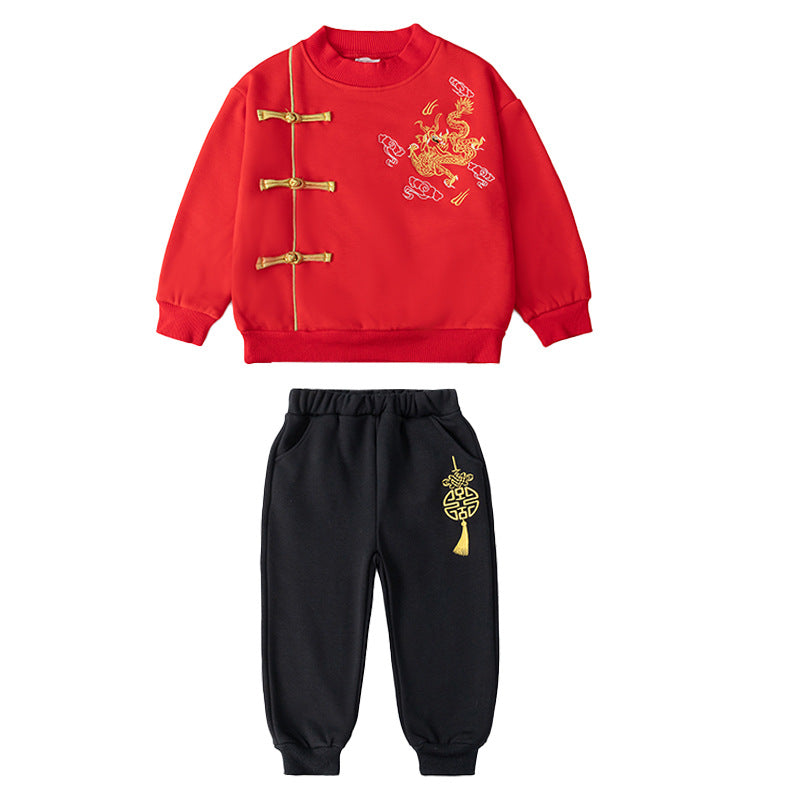 Z26010250男童加絨中國風衛衣套裝秋冬兒童唐裝表演服兄妹裝漢服拜年服