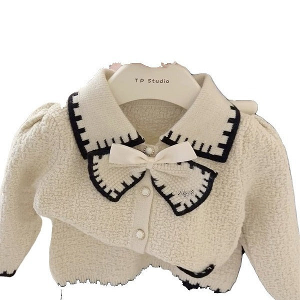 CF25091920女童秋季春季潮流蝴蝶結裙裙兒童小香風時尚針織套裝