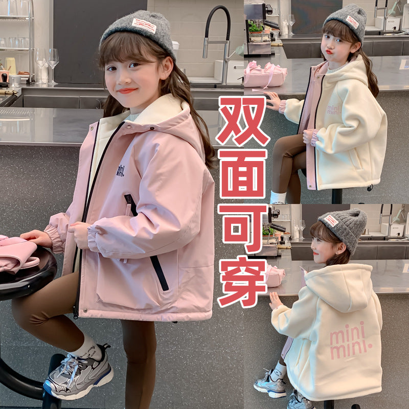 CH25110524女童秋裝裙兒童洋氣女孩秋冬兩面穿加絨加厚字母衝鋒衣