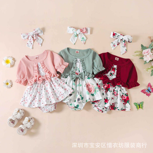 A25072308春夏新款嬰幼兒連身衣女童短袖假兩件蝴蝶結印花裙包屁哈衣