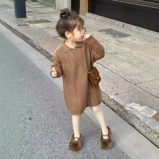 CF25091919韓系童裝秋冬新款兒童中長款寬鬆毛衣裙女童麻花針織