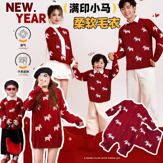 L26010615馬年親子裝一家三四口2026新款秋冬紅色毛衣針織衫拜年服母女裝