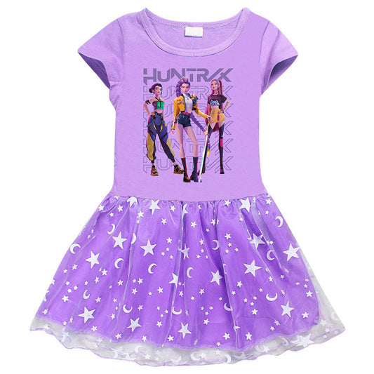 CI26041515 Kpop獵魔女團韓國版兒童短袖夏女孩春秋長袖網紗百褶公主裙