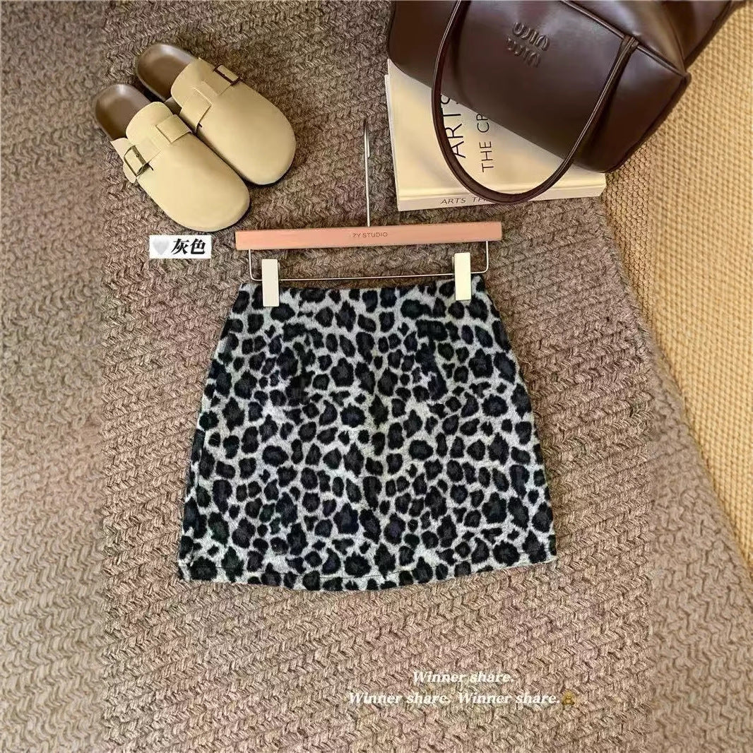 Z26010126女童半身裙2025秋冬新款韓版豹紋毛呢美式復古辣妹高腰短裙