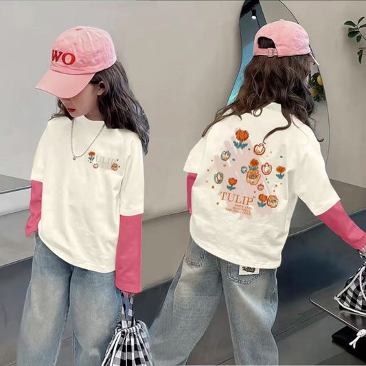 CE25091904純棉女孩拼色可愛長袖T恤秋季網紅潮流卡通動漫燈光打底上衣