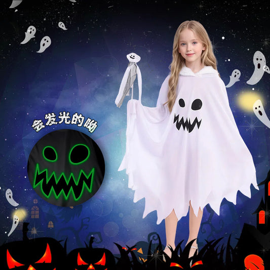 Z2509115邊境兒童白色幽靈發光鬼臉披風萬聖節Cosplay主題派對裝扮服裝