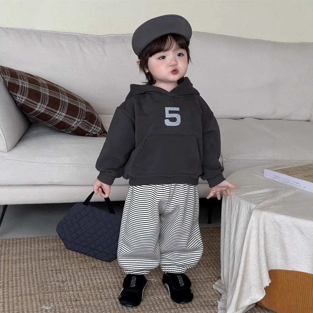 GN26012704寶寶衣服秋冬加厚連帽衛衣套裝韓版童裝男童條紋衛褲加絨兩件套