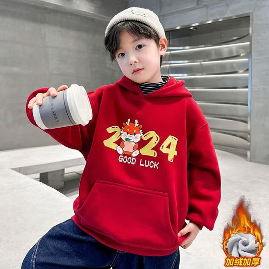 FD24010419男童2024龍年拜年服衛衣中大童加絨中國風紅色喜慶冬裝連帽上衣