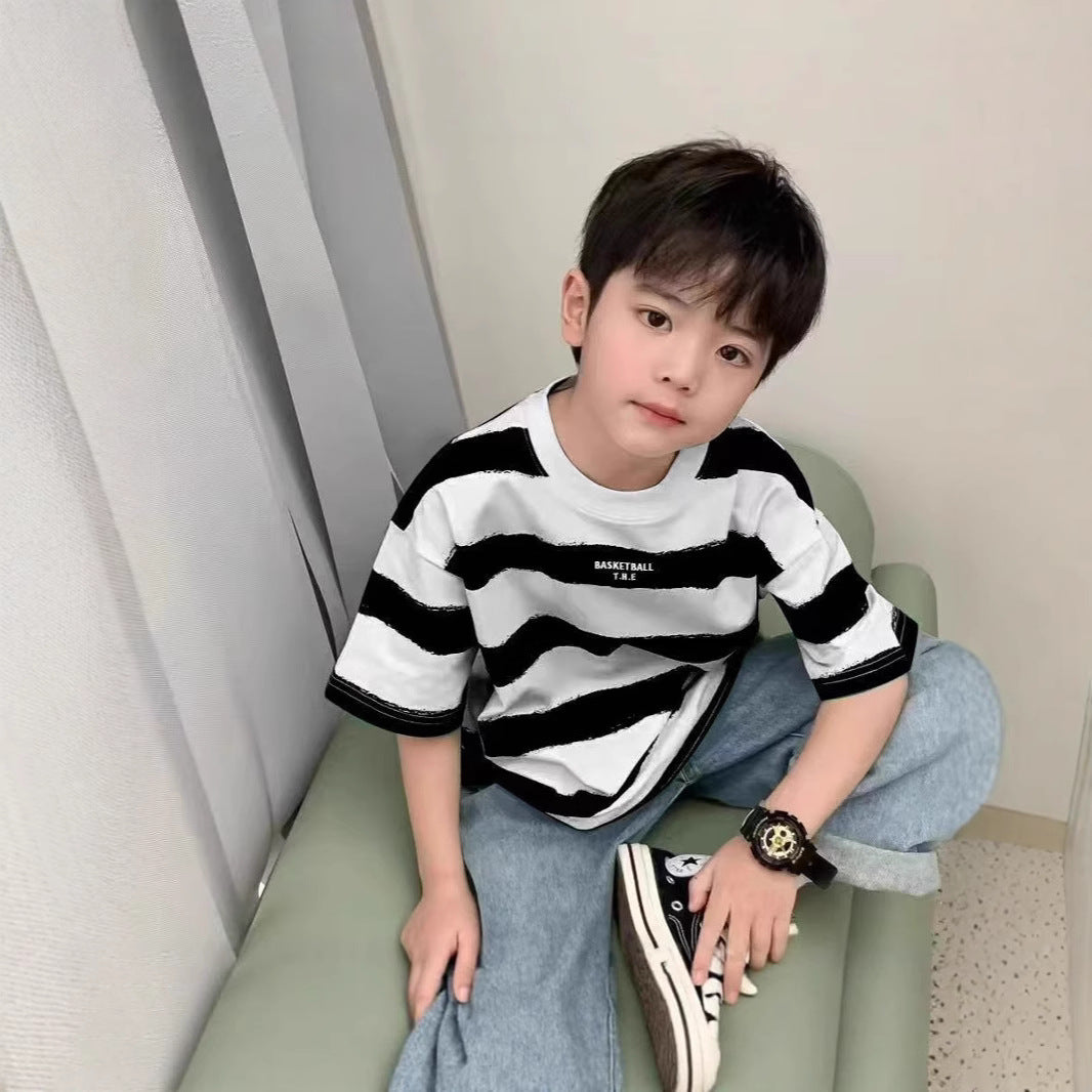 CE26022614兒童T恤男童夏季短袖純棉韓版童裝條紋半袖衫時尚百搭寶寶打底T