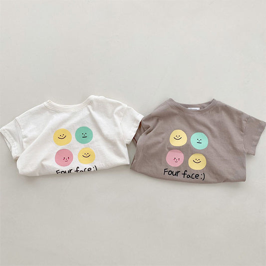 GB2308031 韓版小童T恤夏季柔軟字母笑臉男女寶寶時尚寬鬆棉短袖上衣
