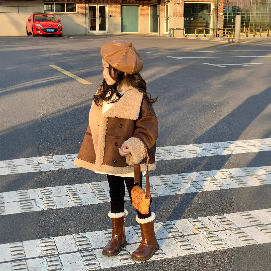 CG25103011冬季女孩休閒寬鬆加厚保暖加絨皮大衣翻領皮毛一體皮絨裙子