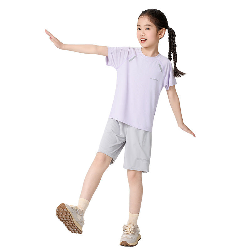 CK26050507男童速乾短袖短褲套裝夏季女童冰絲網眼T卹兒童運動兩件套中大童(9-12天到貨)