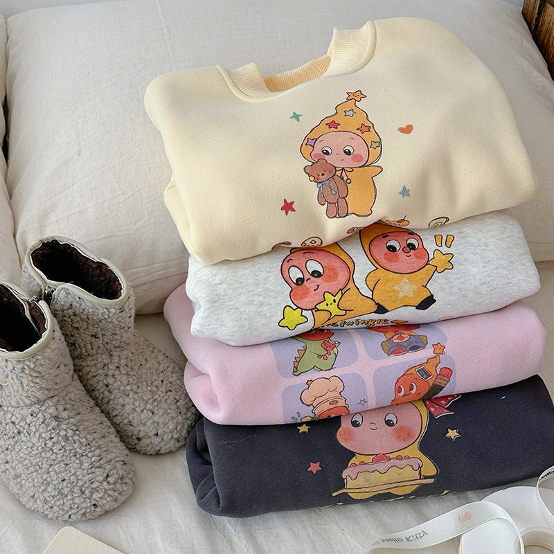 CA25112712韓版童裝2025冬季女孩卡通星星人加絨衛衣兒寶寶保暖長袖T卹