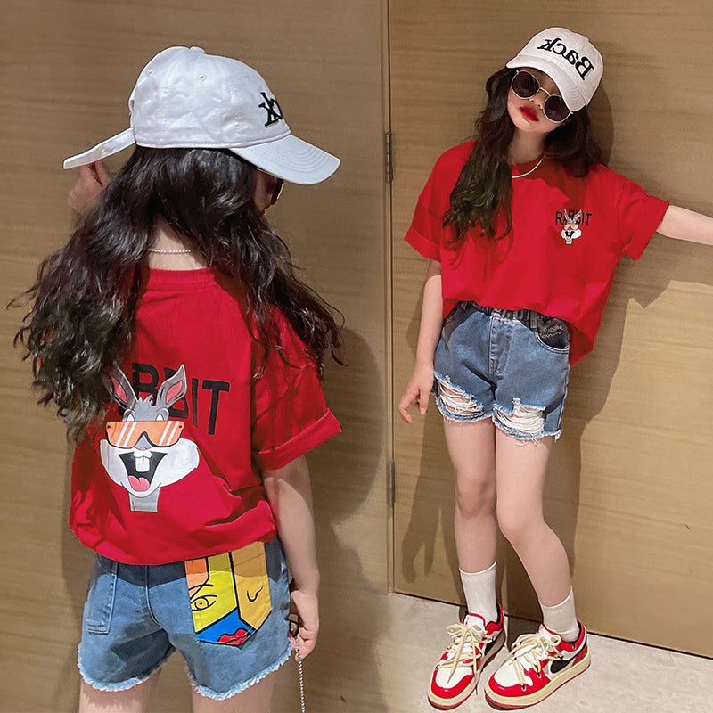 Z25030428女童短袖純棉洋氣兒童t恤女童夏季寬鬆前後印花半袖上衣童裝潮