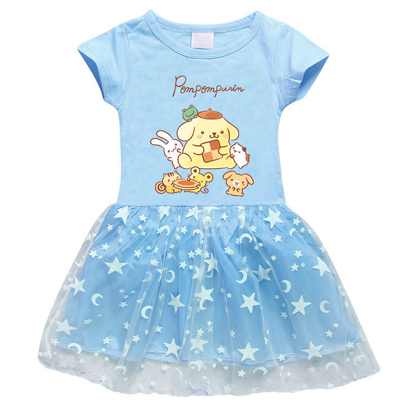 CI26041510韓版女兒童洋裝夏季女孩春秋長袖星星網紗百褶短袖公主裙