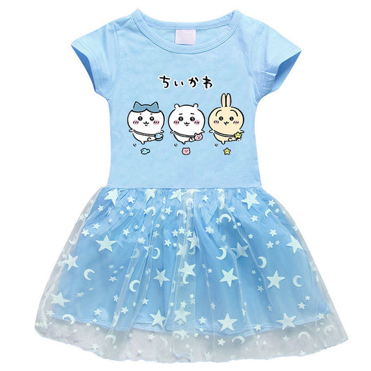 CI26041511韓版女兒童洋裝夏季女孩春秋長袖星星網紗百褶短袖公主裙