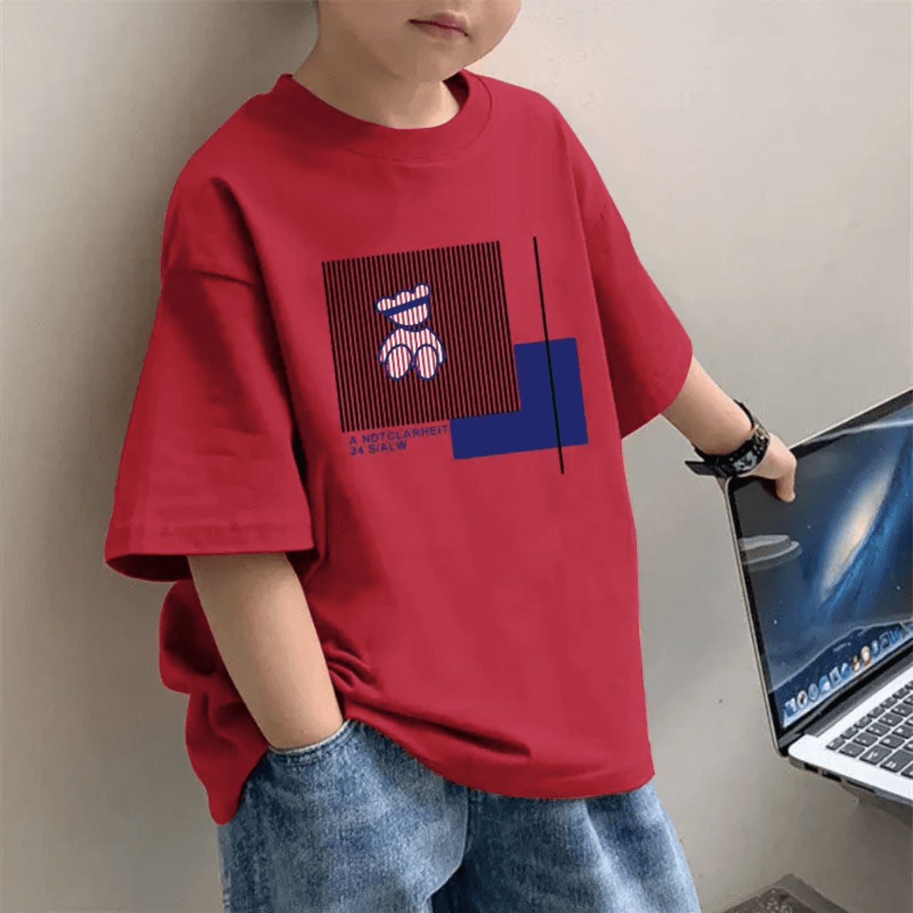 CE26022613兒童洋氣短袖T恤打底衫夏季時尚韓版男童純棉紅色半袖百搭中大童