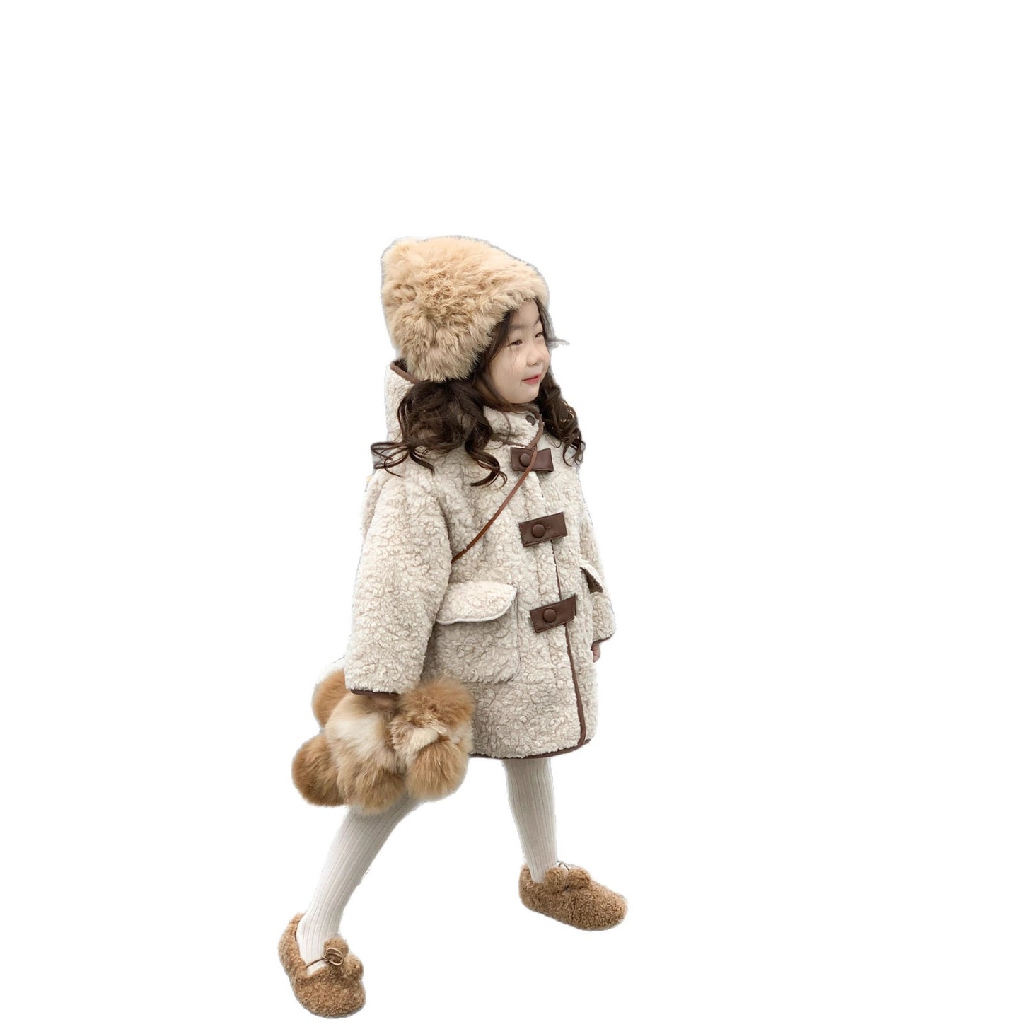 CG25103016童裝冬裝軟糯親膚男女加厚雙面羊絨皮扣連帽中長款保暖大衣裙子