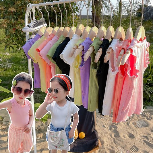 CA24042809年新款韓範童裝女童夏季木耳捲邊短袖T恤女寶寶洋氣糖果色背心