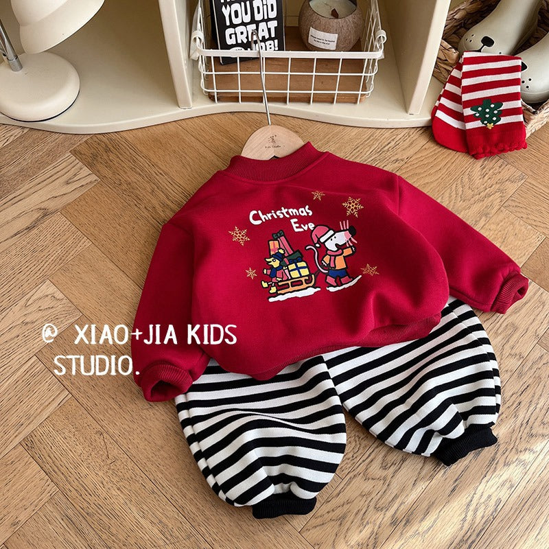 CA25112701聖誕波波~兒童冬季加絨聖誕紅加絨衛衣男童女童圓領加厚喜慶上衣