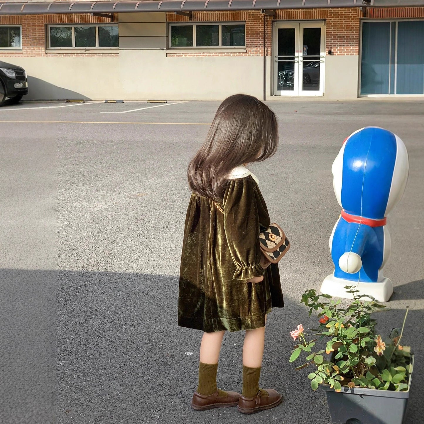 CG25103001韓國童裝女童秋款復古公主領墨綠金絲絨公主裙