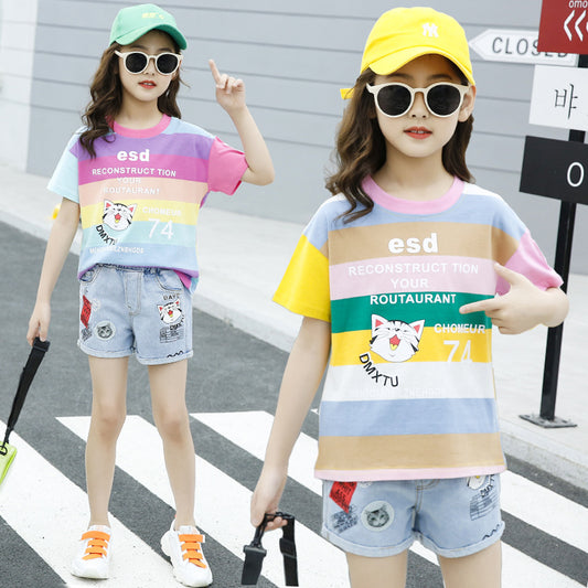 F23040122中大童-韓版條文T恤二件式休閒套裝-夏季