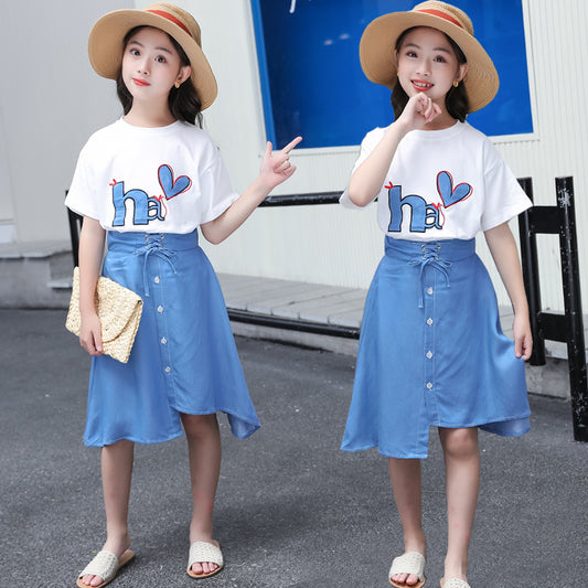 F23040115中大童-韓版時尚半身裙二件式休閒套裝-夏季