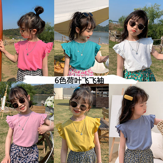 J23060808韓國童裝兒童T恤2023夏季新款女寶寶純色甜美上衣飛飛袖女童短袖T