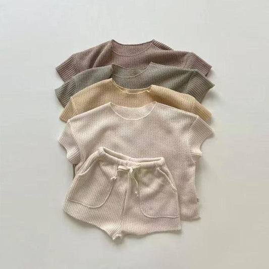 GB23080339韓版嬰幼童裝時尚休閒短袖家居服套裝寶寶寬鬆針織運動套兩件套